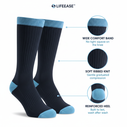 lifeease compression socks details: wide comfort band, soft ribbed knit, reinforced heel
